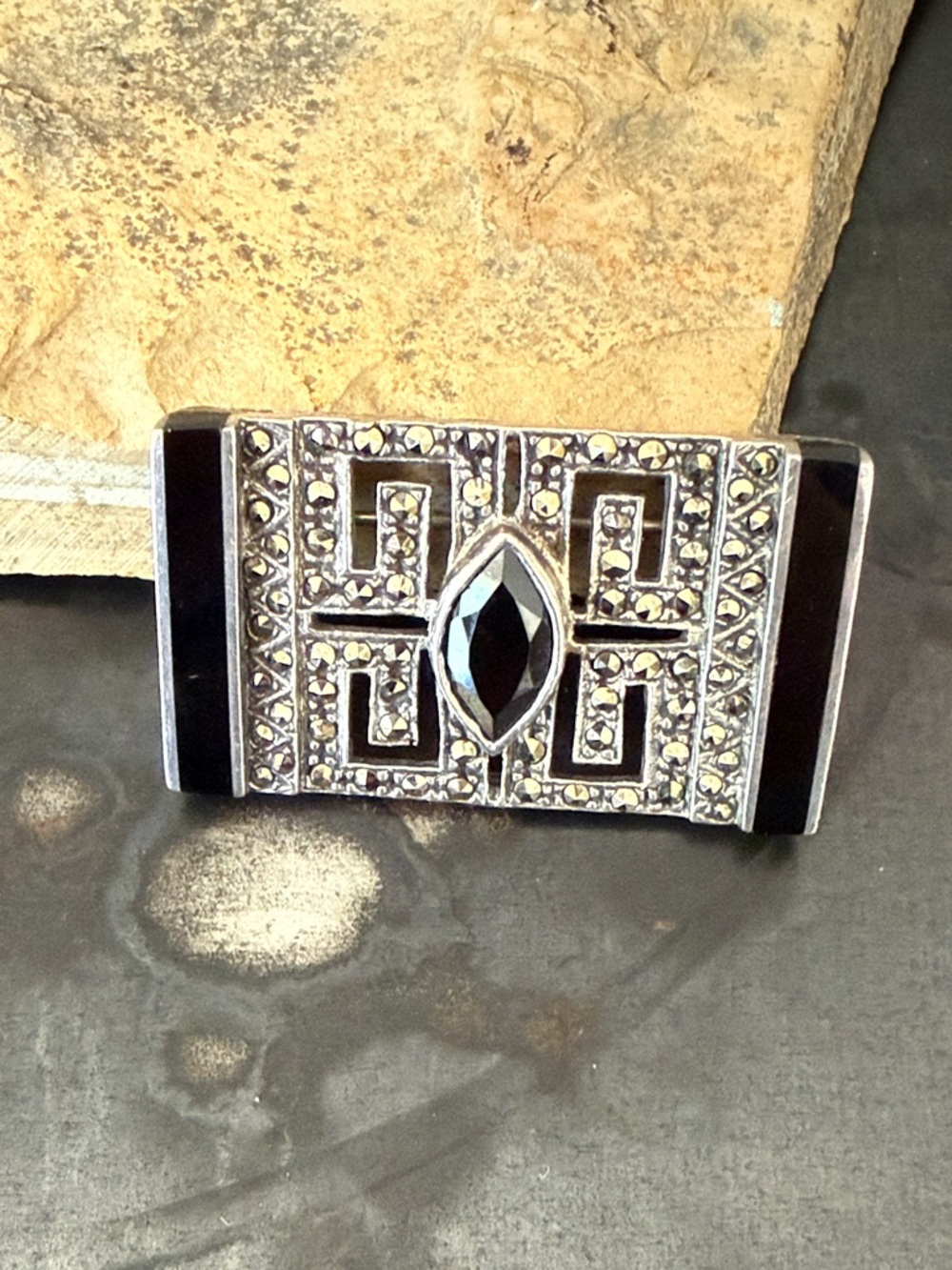 Sterling Silver Onyx Marcasite Deco Brooch 925 ADPG Albert David Pearls & Gems